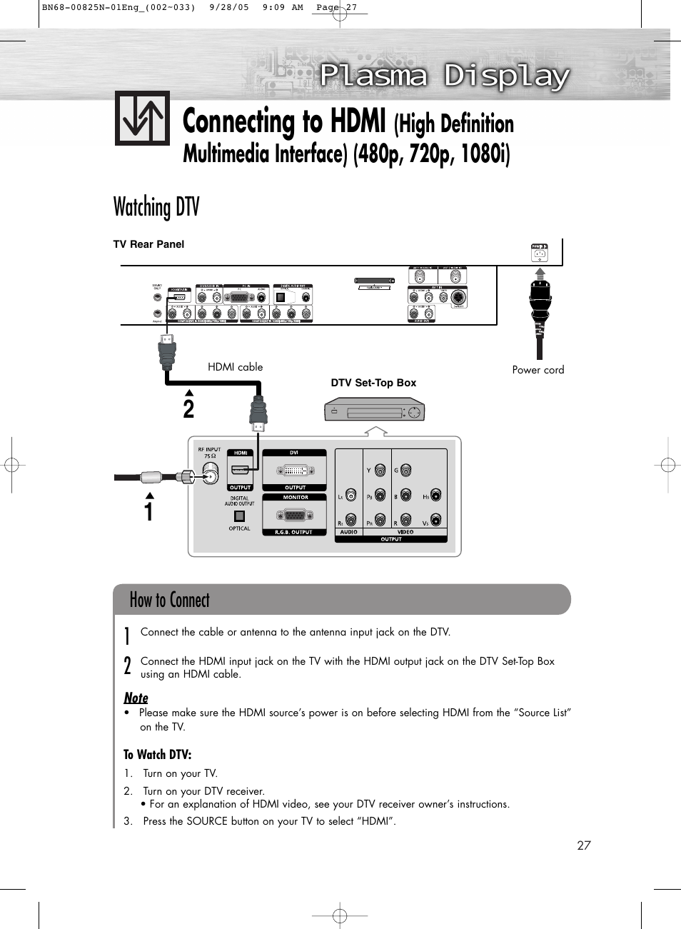 Connecting to hdmi, Watching dtv, How to connect | Samsung HPR6372X-XAA User Manual | Page 27 / 148
