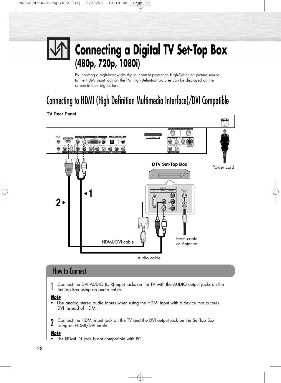 Connecting a digital tv set-top box, How to connect | Samsung HPR6372X-XAA User Manual | Page 28 / 148