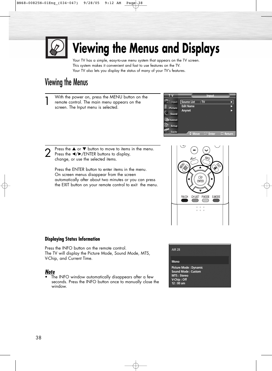 Viewing the menus and displays, Viewing the menus | Samsung HPR6372X-XAA User Manual | Page 38 / 148