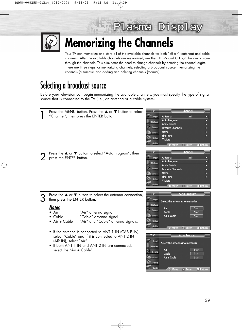 Memorizing the channels, Selecting a broadcast source | Samsung HPR6372X-XAA User Manual | Page 39 / 148