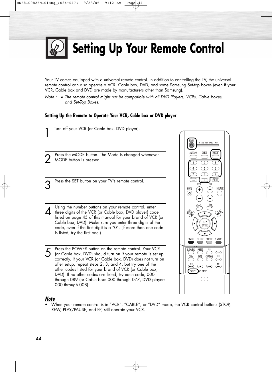 Setting up your remote control | Samsung HPR6372X-XAA User Manual | Page 44 / 148