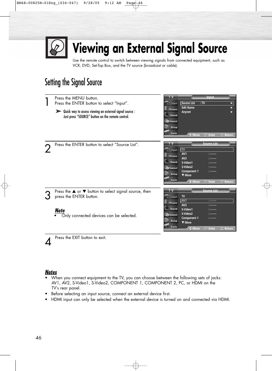 Viewing an external signal source, Setting the signal source | Samsung HPR6372X-XAA User Manual | Page 46 / 148