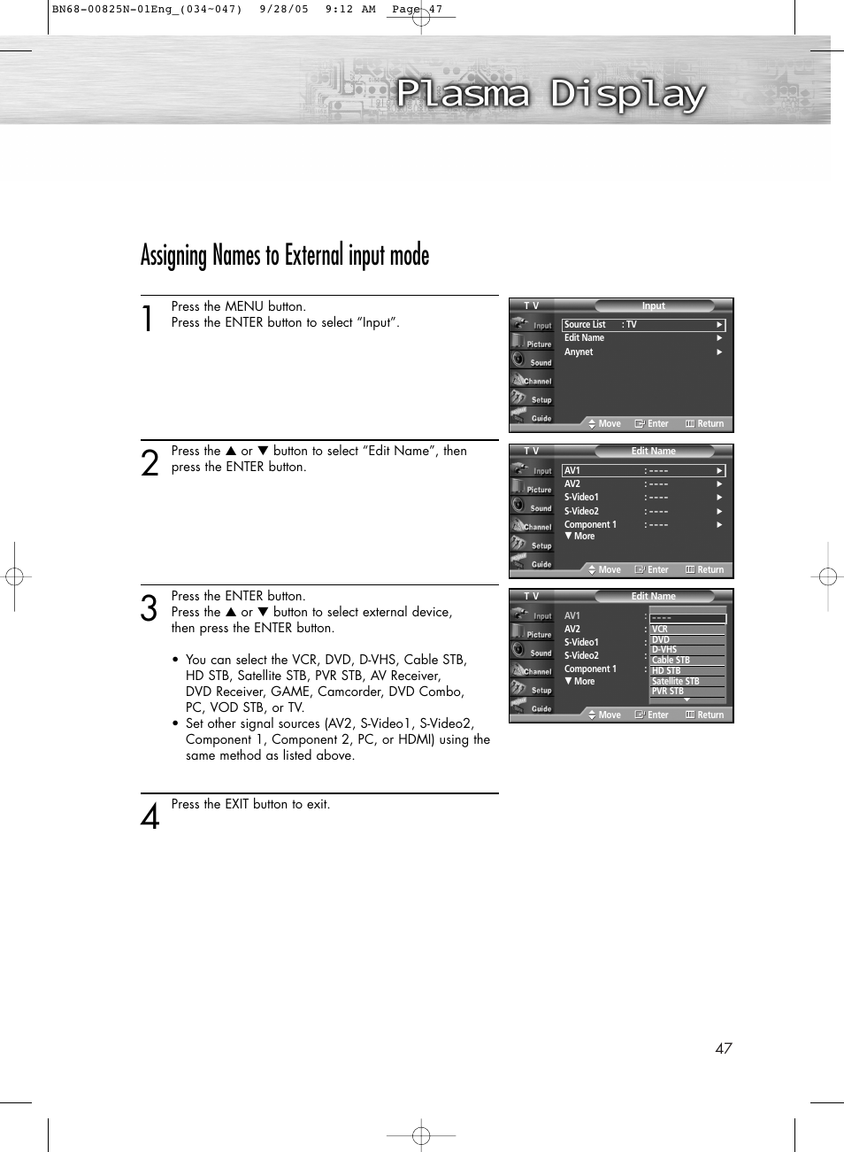 Assigning names to external input mode | Samsung HPR6372X-XAA User Manual | Page 47 / 148