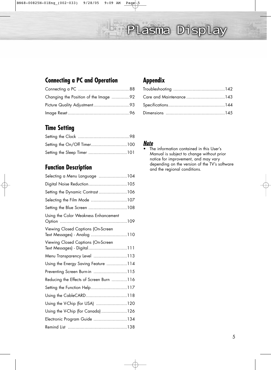 Connecting a pc and operation, Time setting, Function description | Appendix | Samsung HPR6372X-XAA User Manual | Page 5 / 148