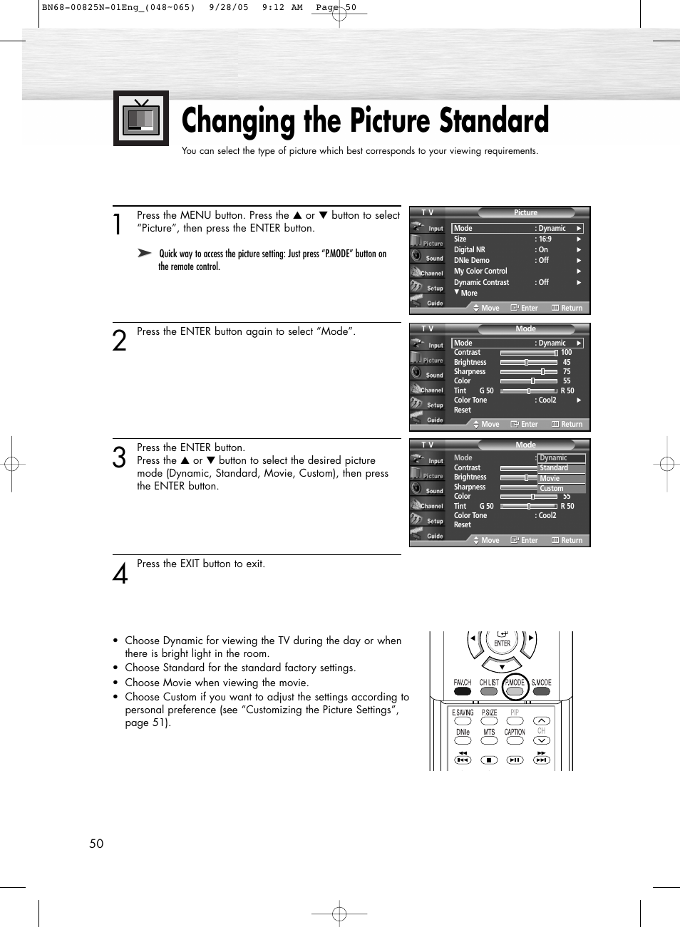 Picture control, Changing the picture standard | Samsung HPR6372X-XAA User Manual | Page 50 / 148