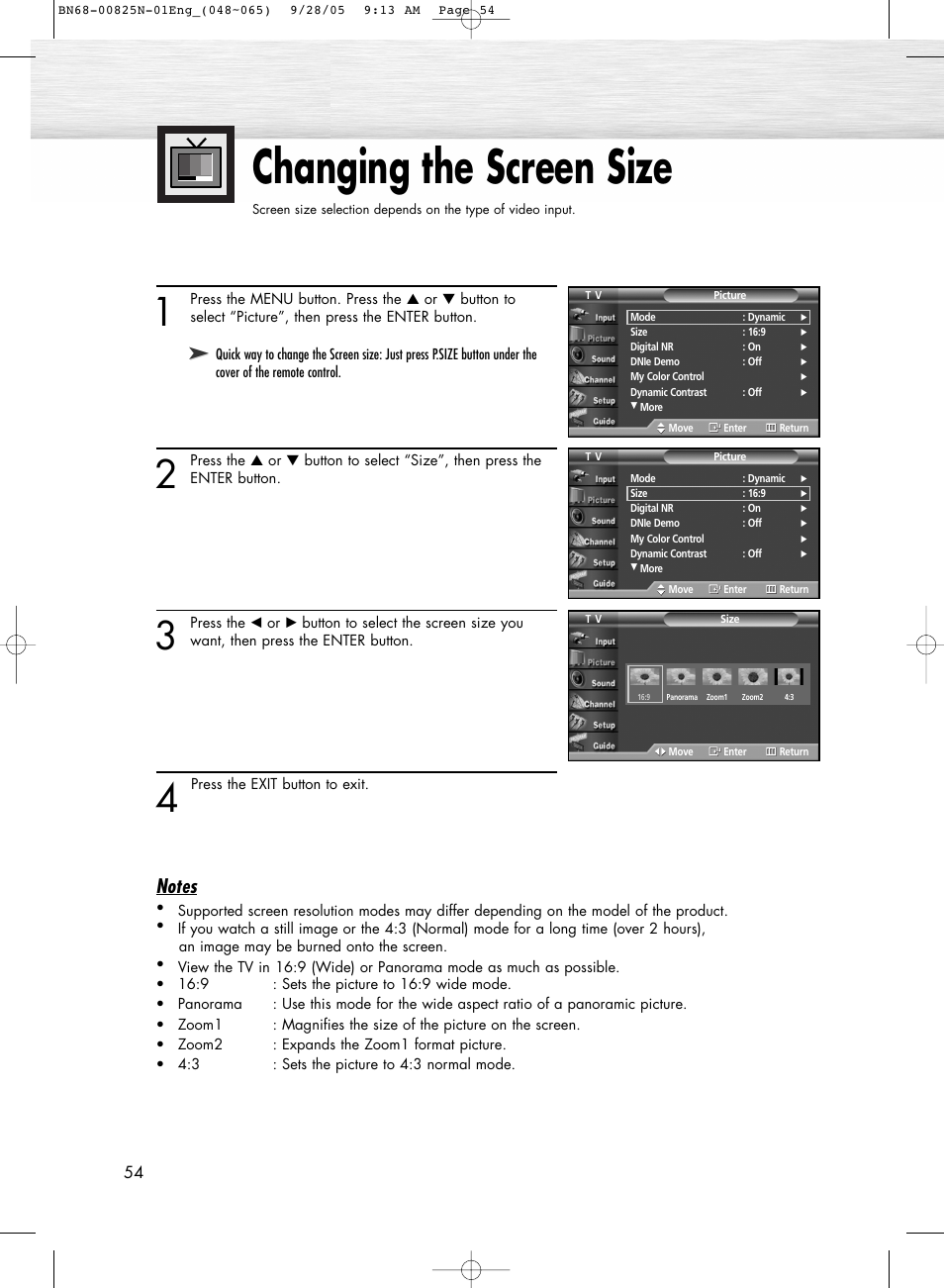 Changing the screen size | Samsung HPR6372X-XAA User Manual | Page 54 / 148