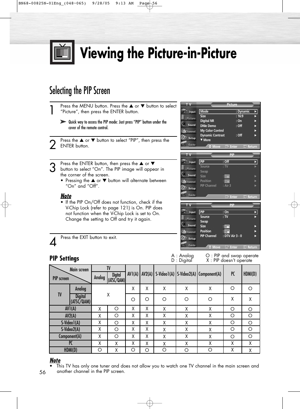 Viewing the picture-in-picture, Selecting the pip screen, Pip settings | Samsung HPR6372X-XAA User Manual | Page 56 / 148