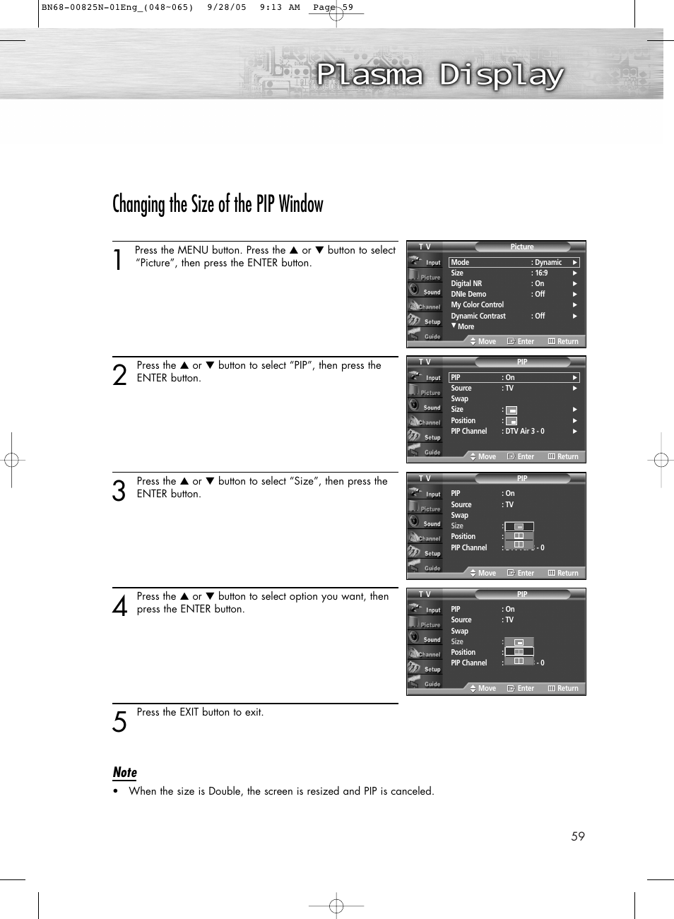 Changing the size of the pip window | Samsung HPR6372X-XAA User Manual | Page 59 / 148