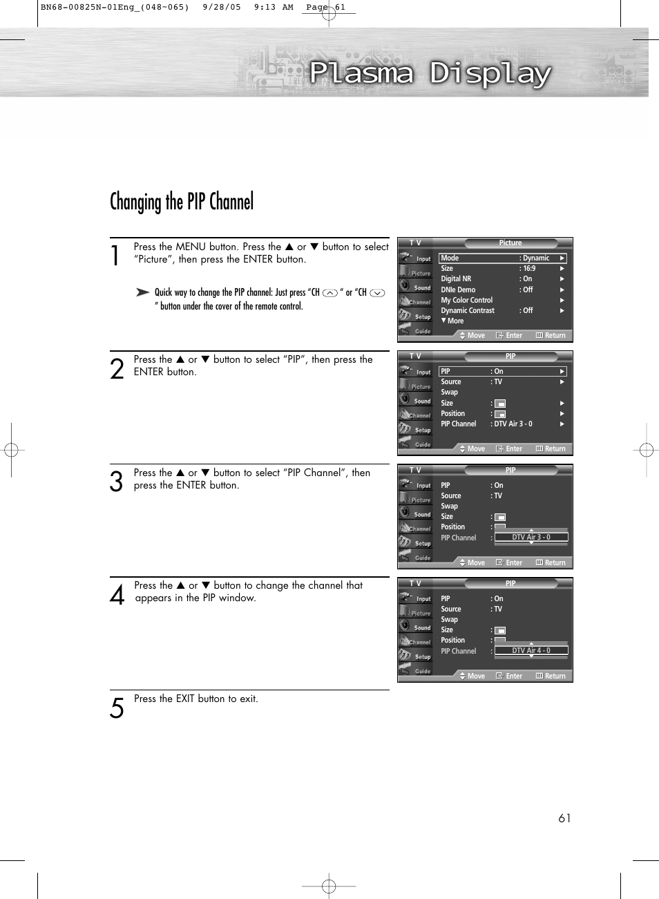 Changing the pip channel | Samsung HPR6372X-XAA User Manual | Page 61 / 148
