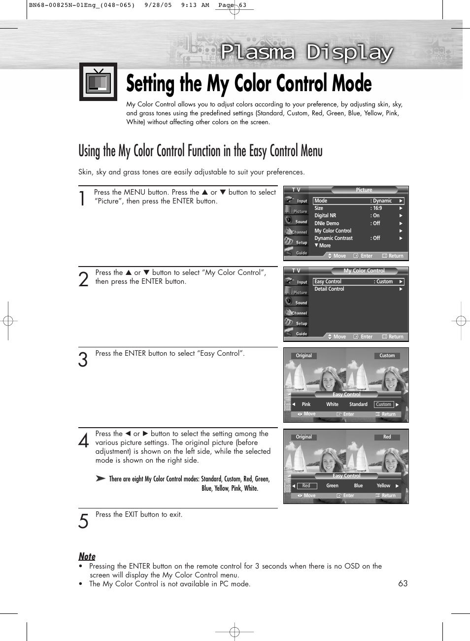 Setting the my color control mode | Samsung HPR6372X-XAA User Manual | Page 63 / 148