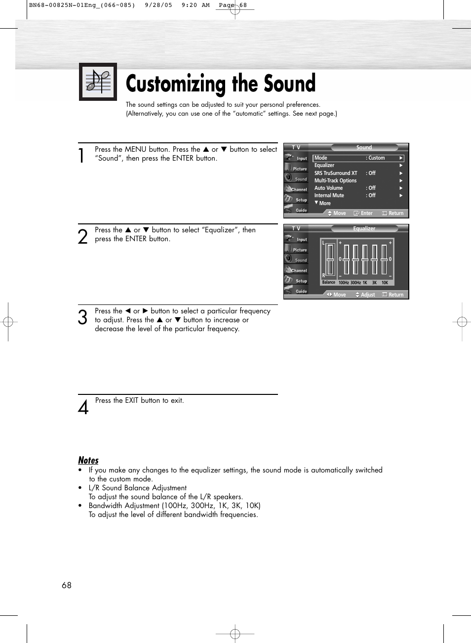 Sound control, Customizing the sound | Samsung HPR6372X-XAA User Manual | Page 68 / 148