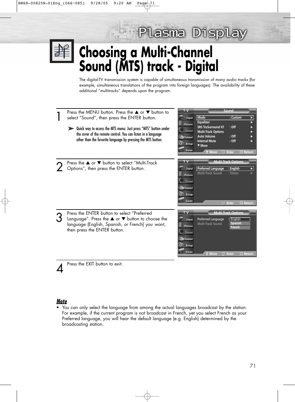 Choosing a multi-channel sound(mts) track-digital | Samsung HPR6372X-XAA User Manual | Page 71 / 148