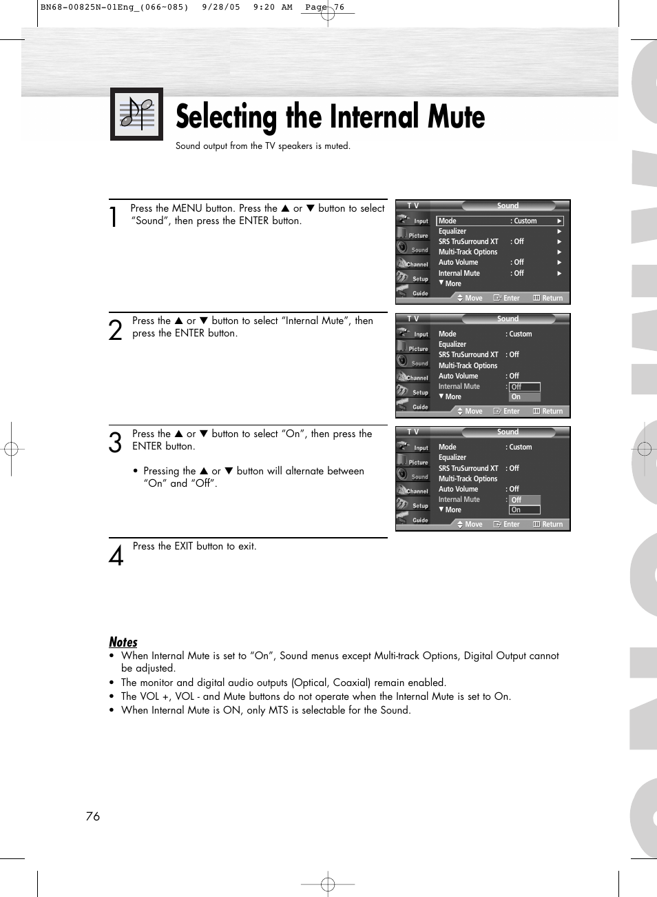 Selecting the internal mute | Samsung HPR6372X-XAA User Manual | Page 76 / 148