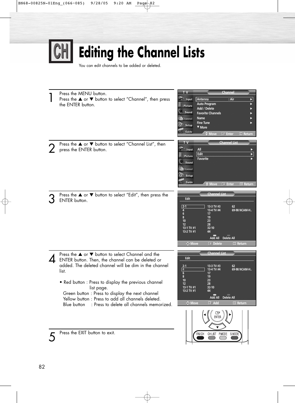 Editing the channel lists | Samsung HPR6372X-XAA User Manual | Page 82 / 148