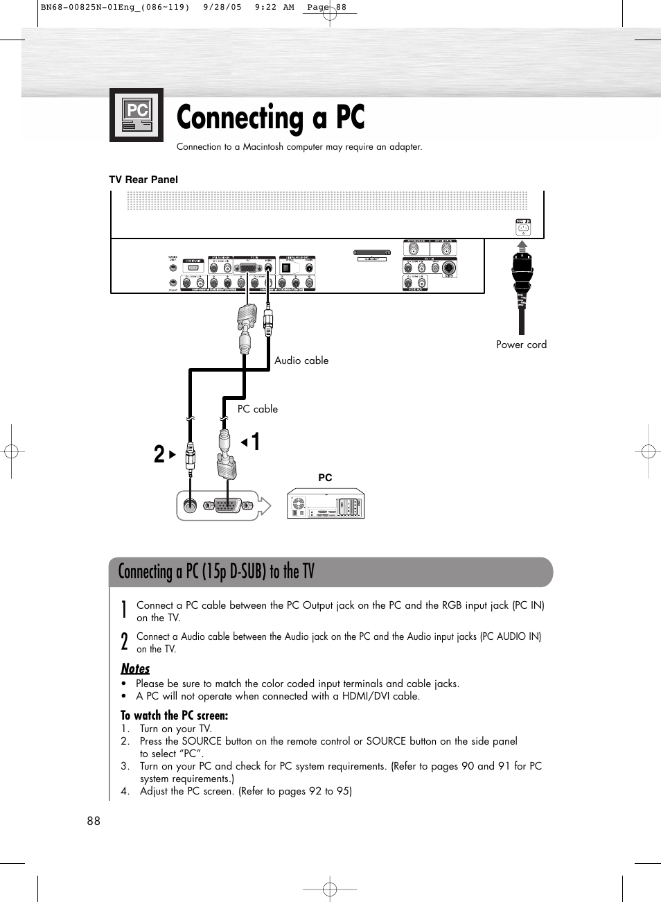 Connecting a pc and operation, Connecting a pc, Connecting a pc (15p d-sub) to the tv | Samsung HPR6372X-XAA User Manual | Page 88 / 148