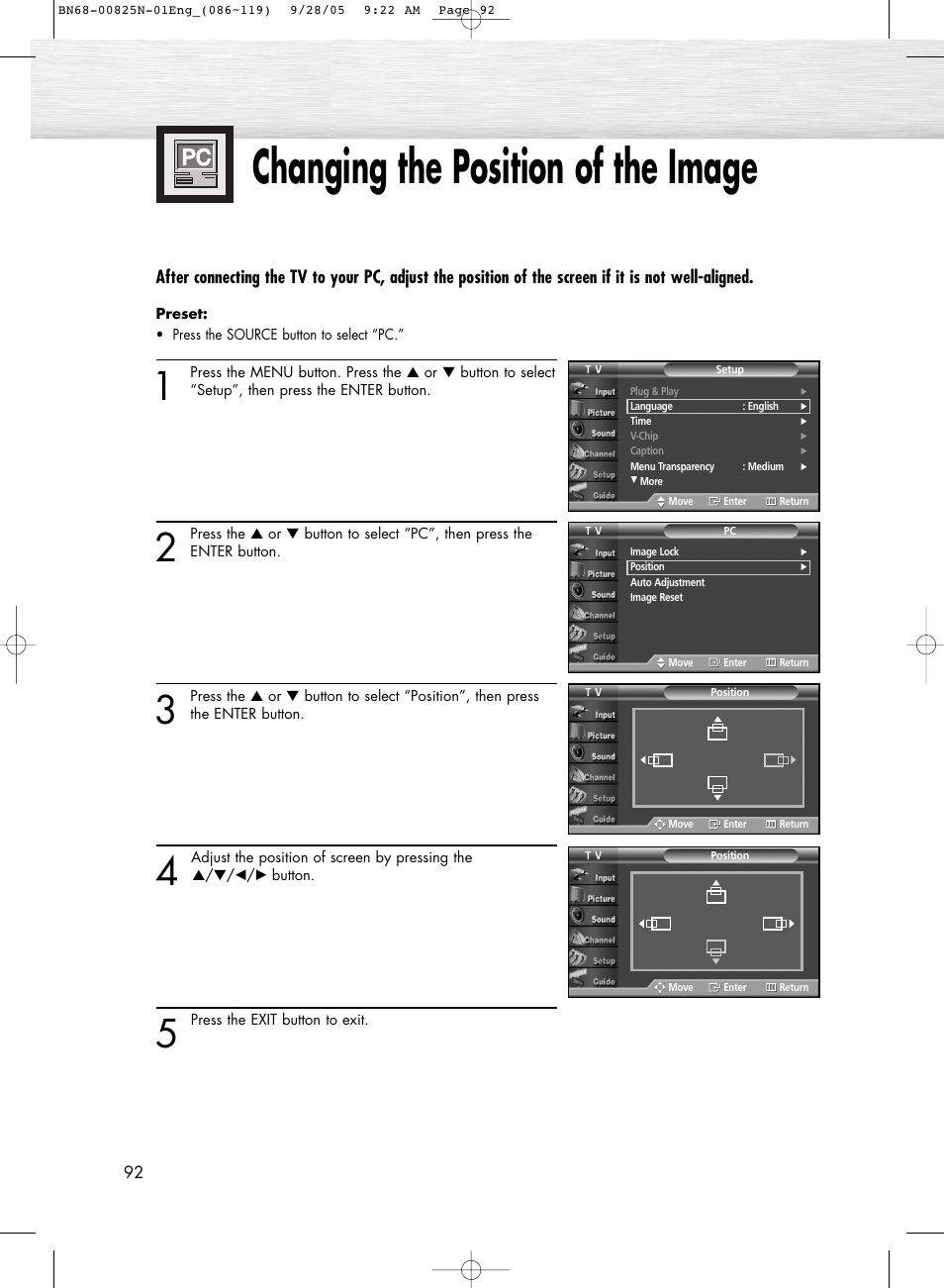 Changing the position of the image | Samsung HPR6372X-XAA User Manual | Page 92 / 148