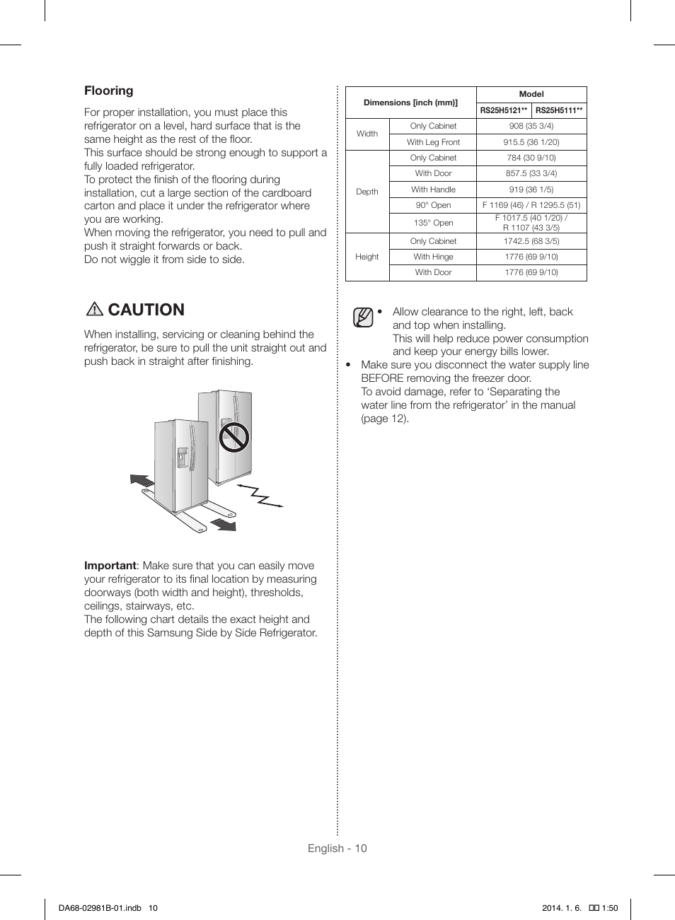 Caution, Flooring | Samsung RS25H5121SR-AA User Manual | Page 10 / 96