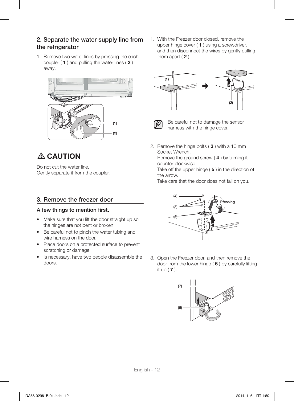 Caution, Remove the freezer door | Samsung RS25H5121SR-AA User Manual | Page 12 / 96