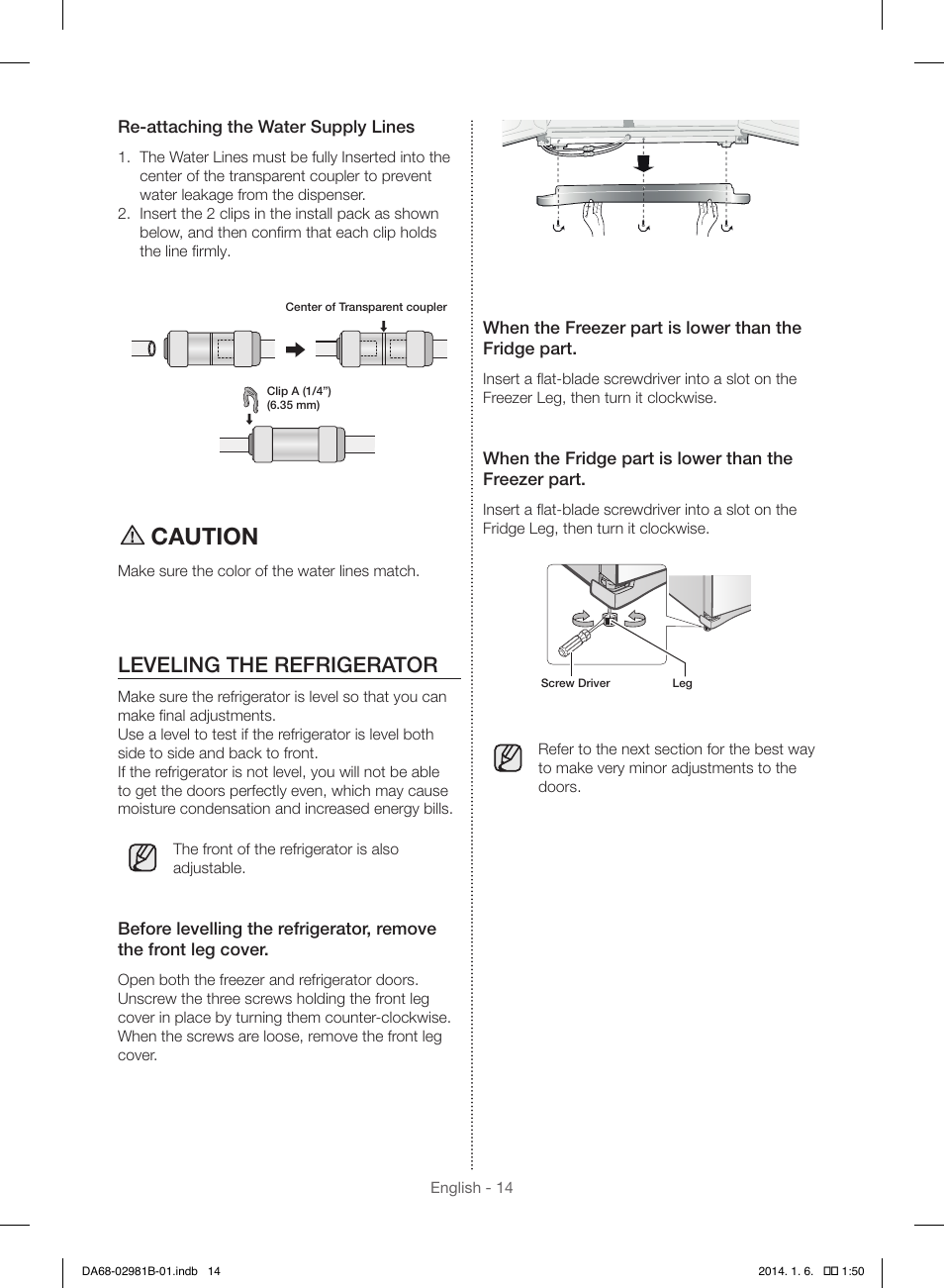 Caution, Leveling the refrigerator | Samsung RS25H5121SR-AA User Manual | Page 14 / 96