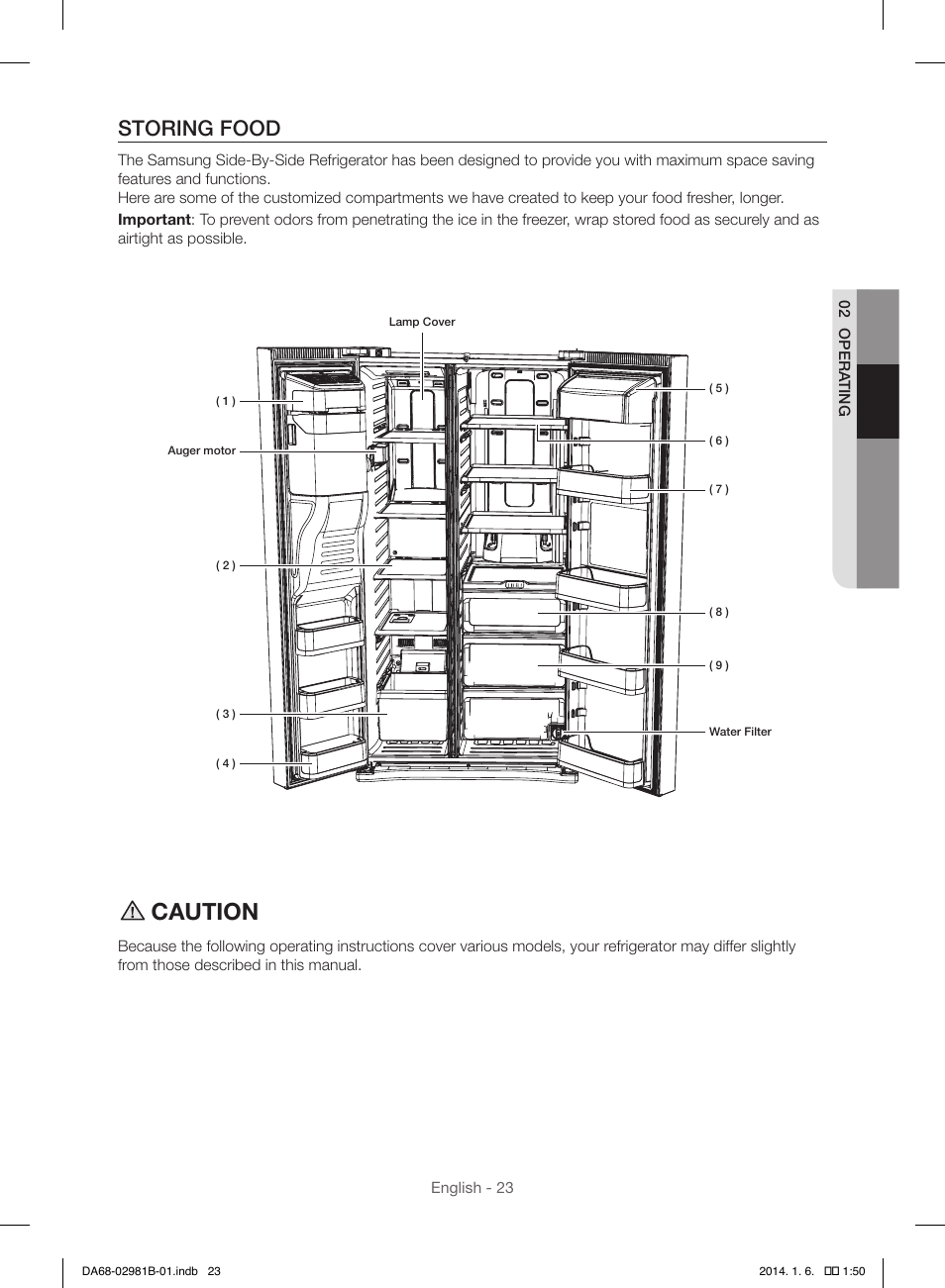 Caution, Storing food | Samsung RS25H5121SR-AA User Manual | Page 23 / 96