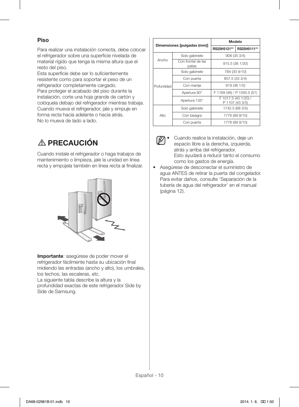 Precaución, Piso | Samsung RS25H5121SR-AA User Manual | Page 42 / 96