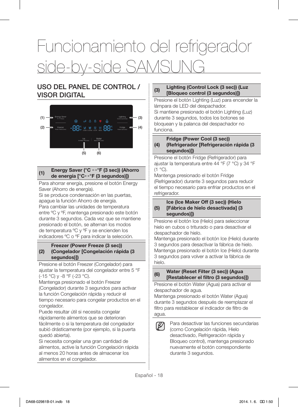 Uso del panel de control / visor digital | Samsung RS25H5121SR-AA User Manual | Page 50 / 96