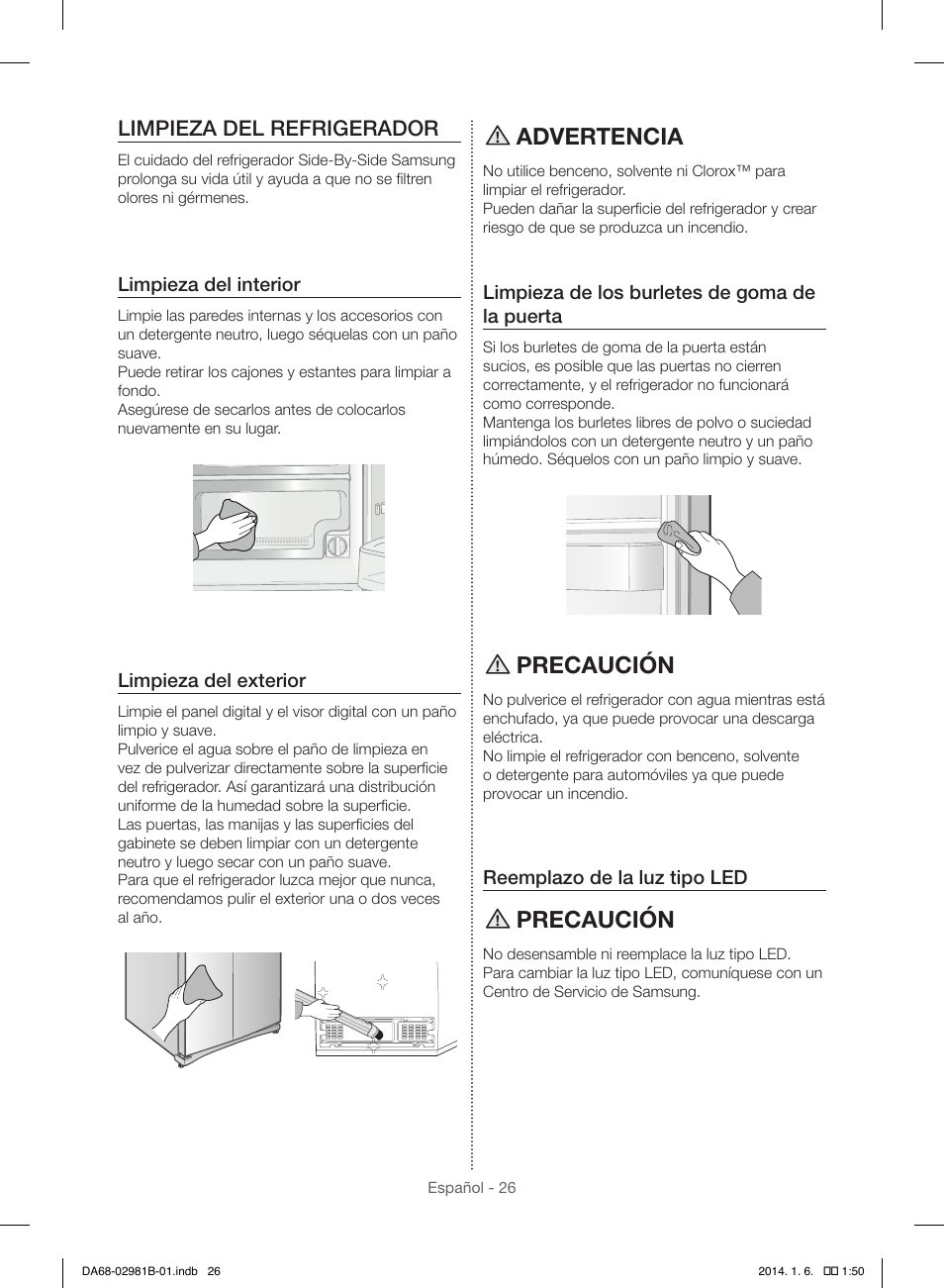 Advertencia, Precaución, Limpieza del refrigerador | Samsung RS25H5121SR-AA User Manual | Page 58 / 96