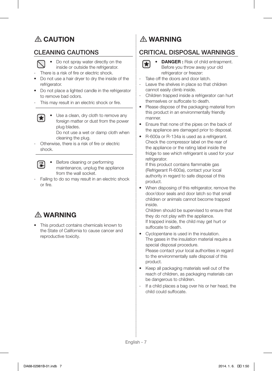 Caution, Warning, Cleaning cautions | Critical disposal warnings | Samsung RS25H5121SR-AA User Manual | Page 7 / 96