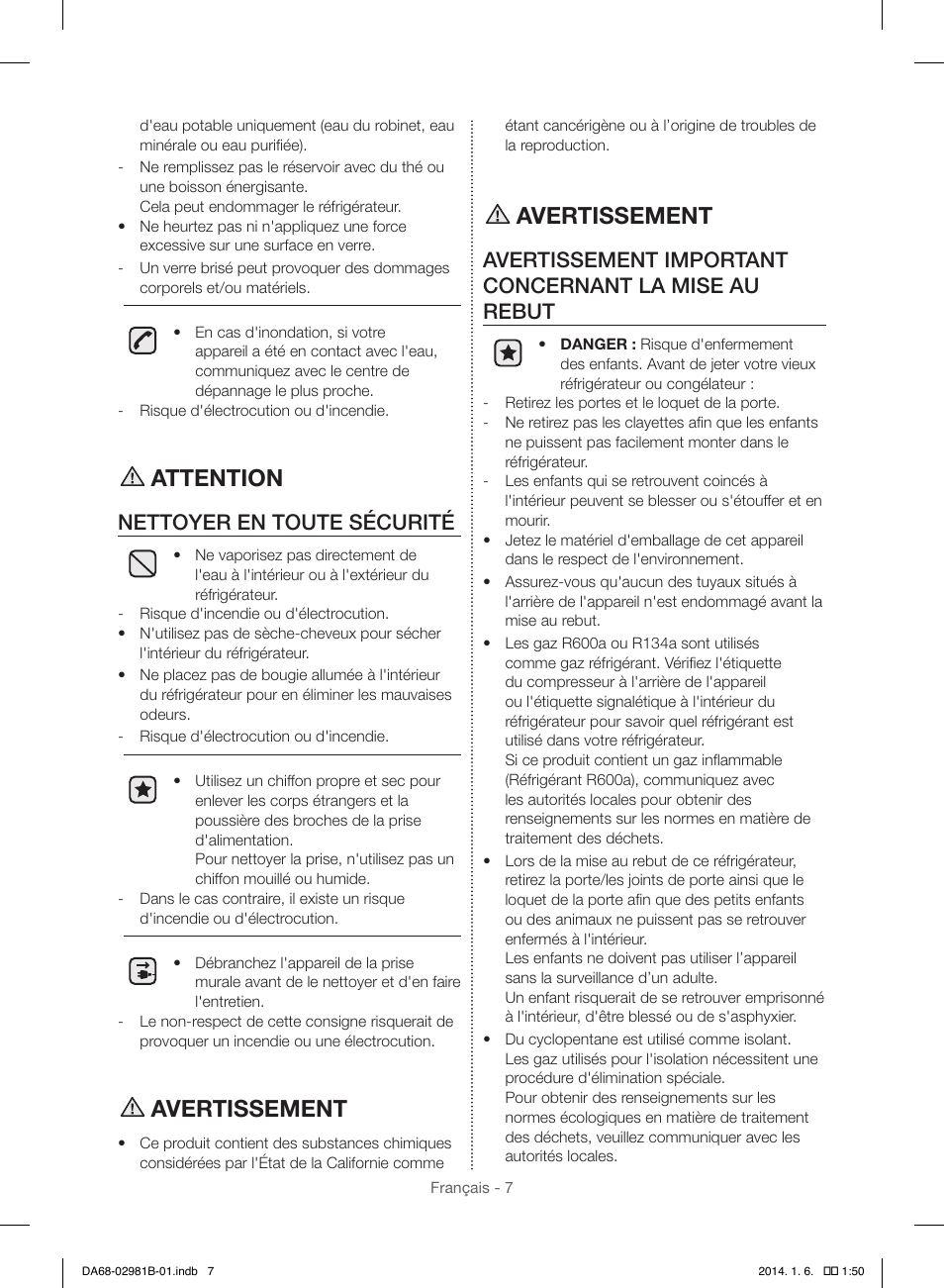 Attention, Avertissement, Nettoyer en toute sécurité | Samsung RS25H5121SR-AA User Manual | Page 71 / 96