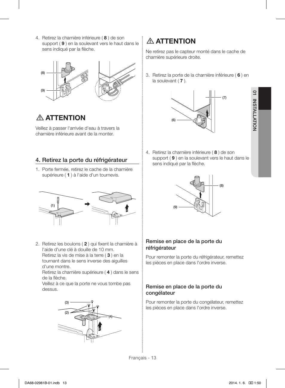 Attention, Retirez la porte du réfrigérateur | Samsung RS25H5121SR-AA User Manual | Page 77 / 96