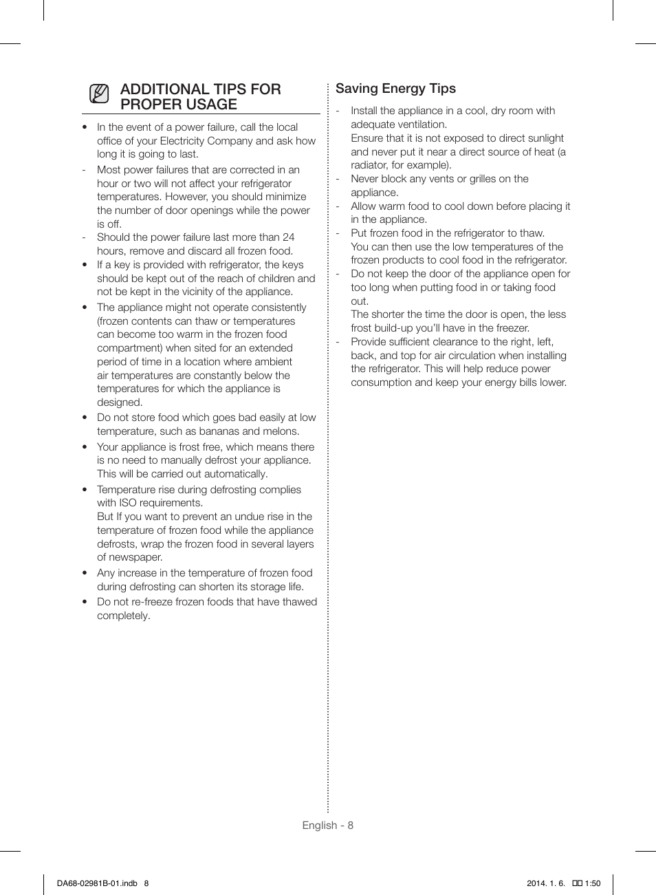Additional tips for proper usage, Saving energy tips | Samsung RS25H5121SR-AA User Manual | Page 8 / 96