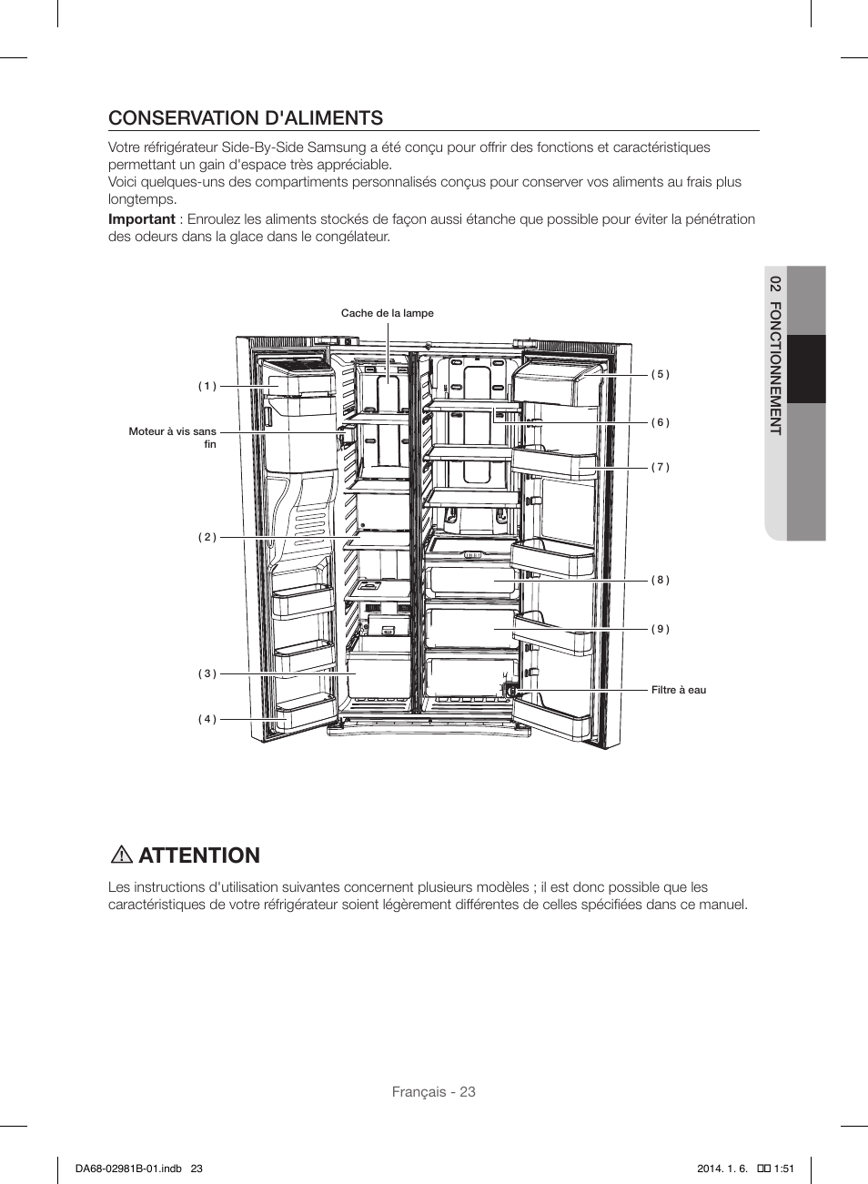 Attention, Conservation d'aliments | Samsung RS25H5121SR-AA User Manual | Page 87 / 96