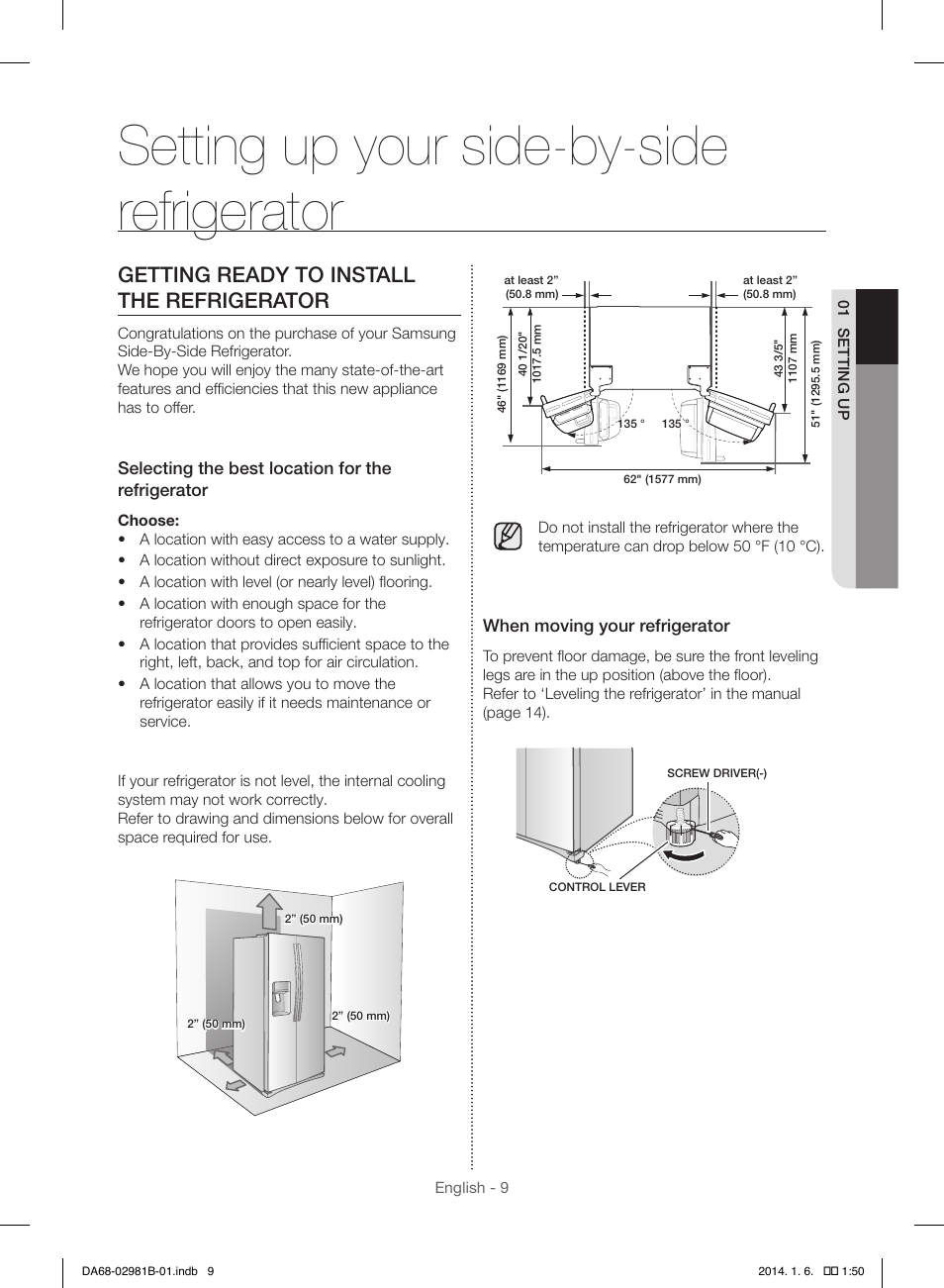 Setting up your side-by-side refrigerator, Getting ready to install the refrigerator | Samsung RS25H5121SR-AA User Manual | Page 9 / 96