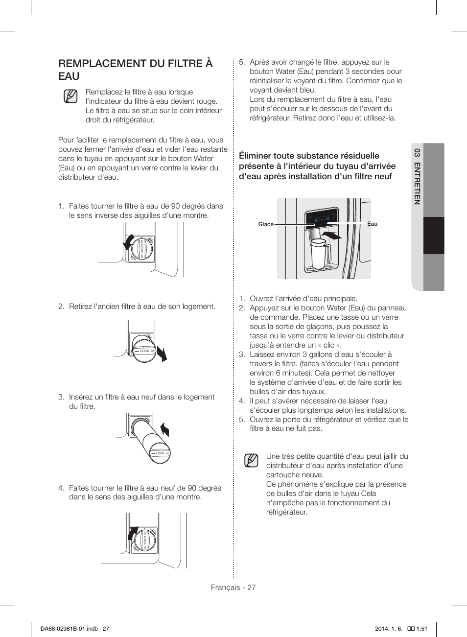 Remplacement du filtre à eau, Français - 27 03 e ntretien, Retirez l'ancien filtre à eau de son logement | Eau glace, Lock | Samsung RS25H5121SR-AA User Manual | Page 91 / 96