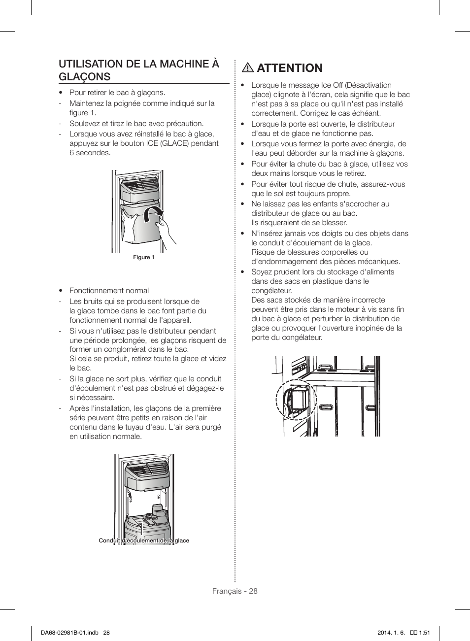 Attention, Utilisation de la machine à glaçons | Samsung RS25H5121SR-AA User Manual | Page 92 / 96