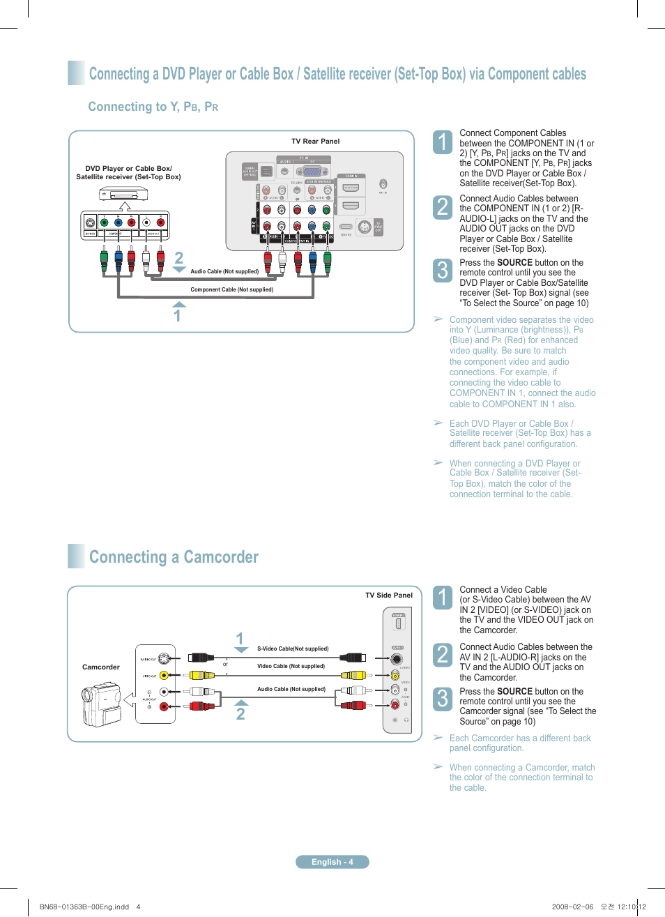 Connecting a camcorder, Connecting to y, p | Samsung PN42A450P1DXZA User Manual | Page 4 / 12
