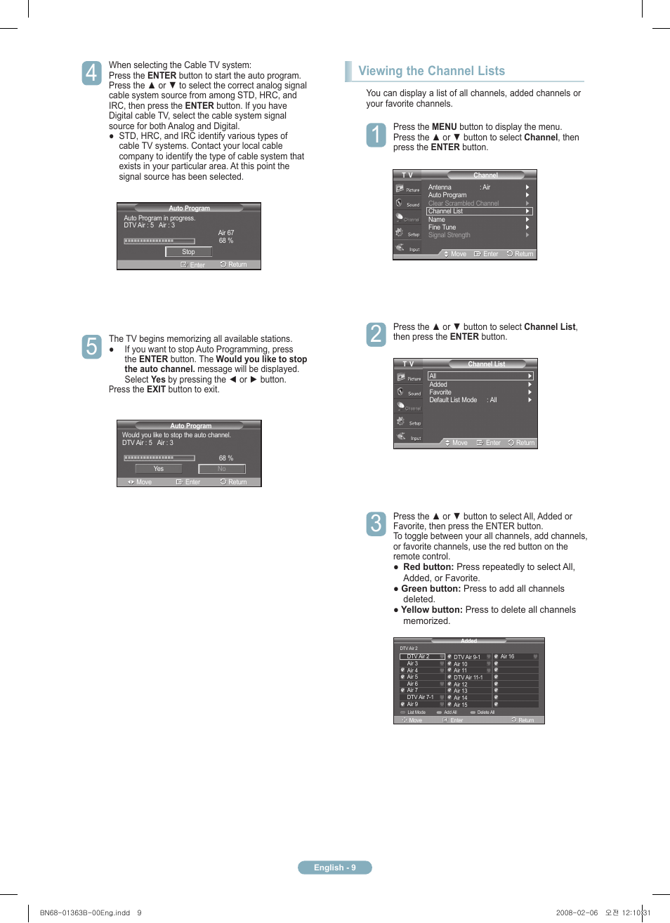 Viewing the channel lists | Samsung PN42A450P1DXZA User Manual | Page 9 / 12