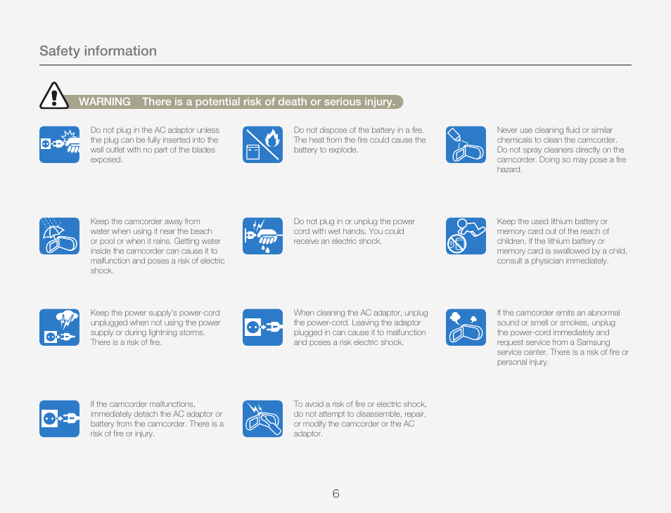 Safety information | Samsung HMX-QF30BN-XAA User Manual | Page 10 / 133