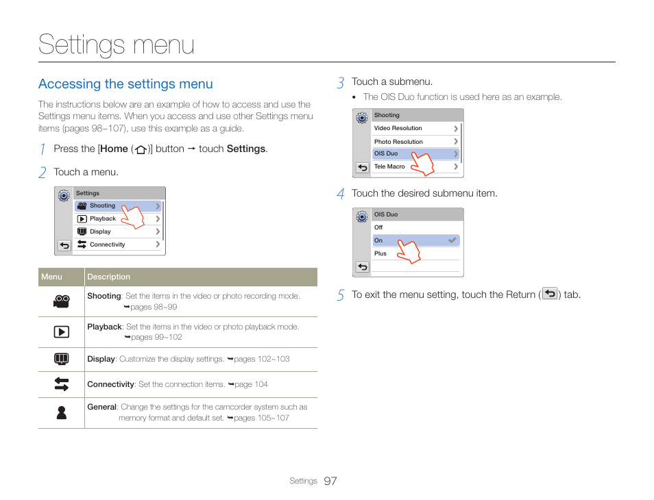 Settings menu, Accessing the settings menu | Samsung HMX-QF30BN-XAA User Manual | Page 101 / 133