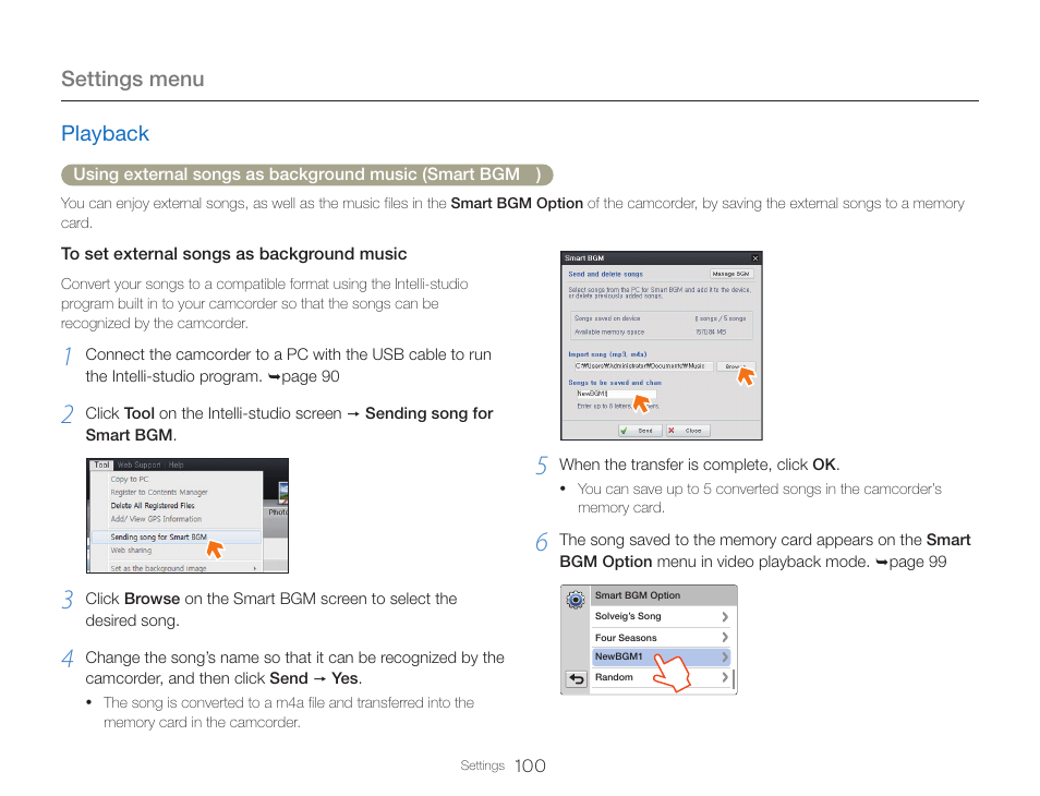 Settings menu, Playback | Samsung HMX-QF30BN-XAA User Manual | Page 104 / 133