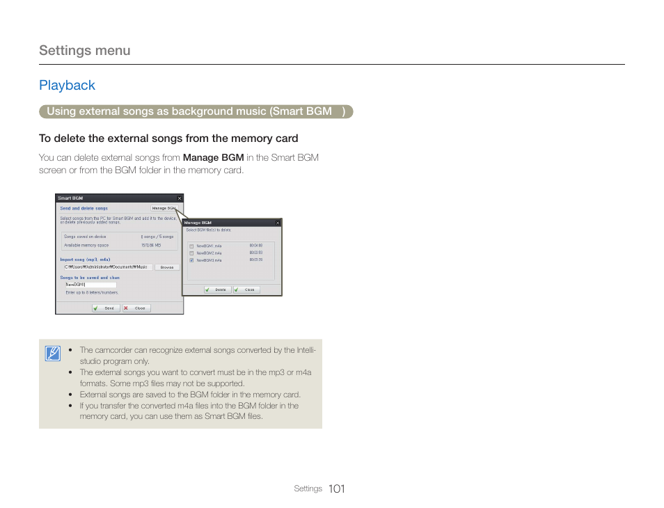 Settings menu, Playback | Samsung HMX-QF30BN-XAA User Manual | Page 105 / 133