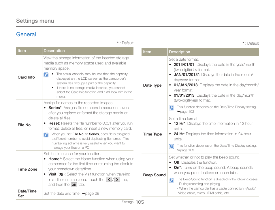 General, Settings menu | Samsung HMX-QF30BN-XAA User Manual | Page 109 / 133