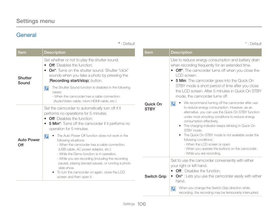 Settings menu, General | Samsung HMX-QF30BN-XAA User Manual | Page 110 / 133