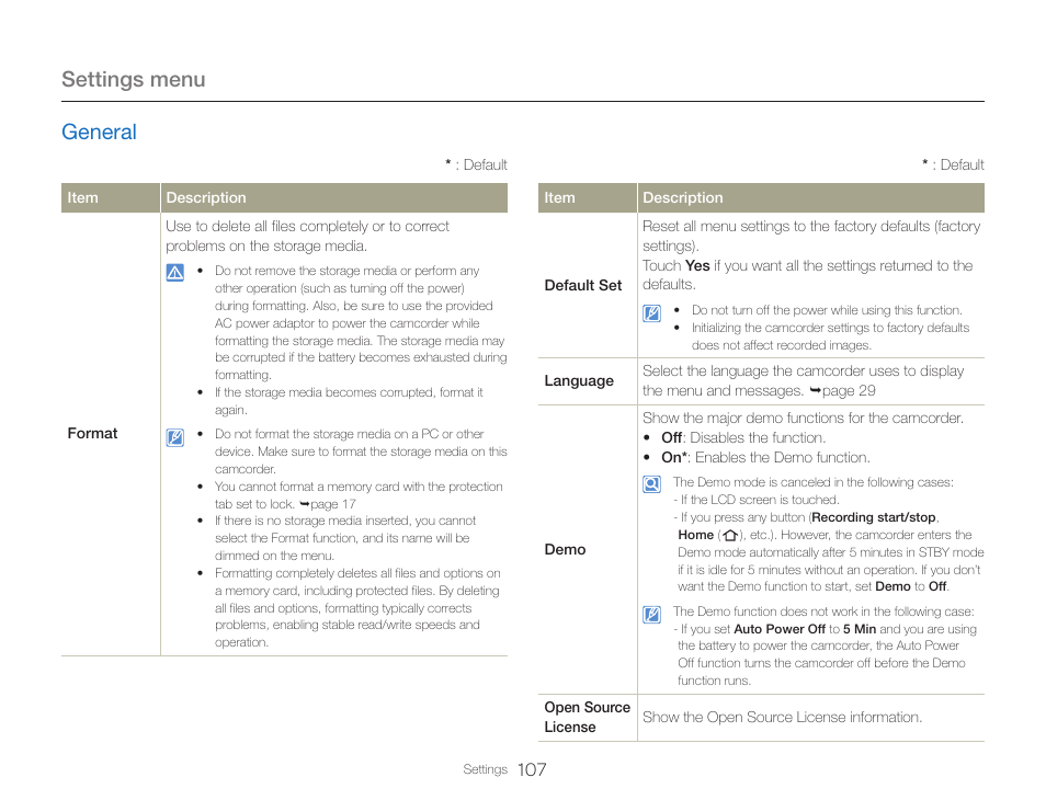 Settings menu, General | Samsung HMX-QF30BN-XAA User Manual | Page 111 / 133