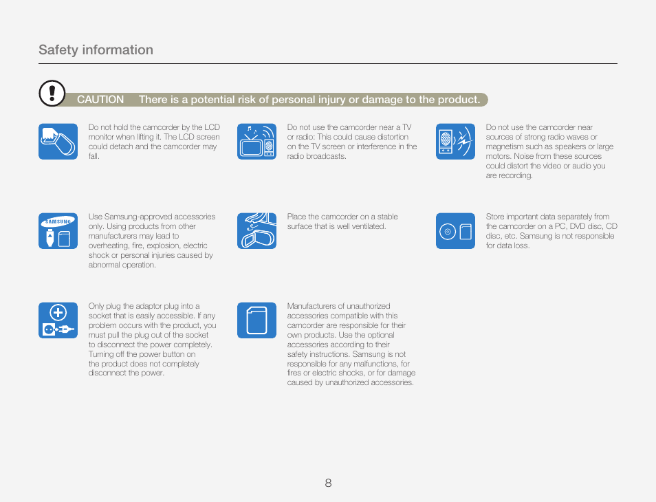 Safety information | Samsung HMX-QF30BN-XAA User Manual | Page 12 / 133