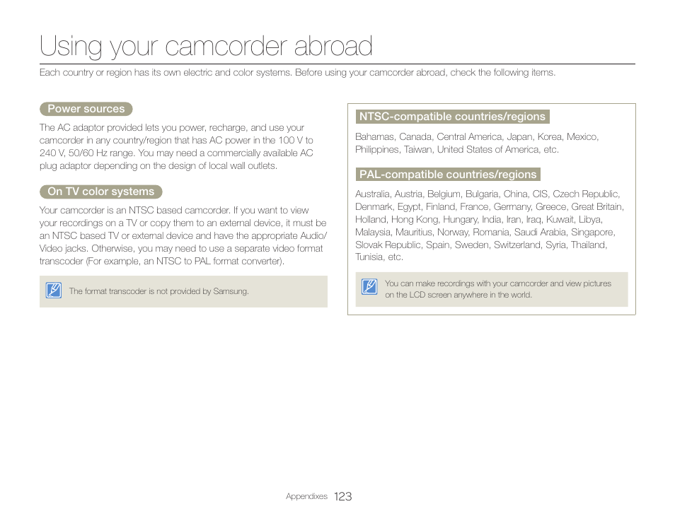 Using your camcorder abroad | Samsung HMX-QF30BN-XAA User Manual | Page 127 / 133