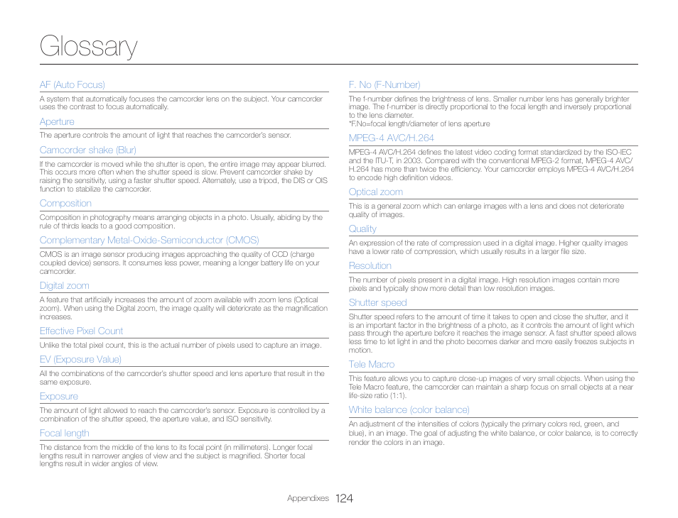 Glossary | Samsung HMX-QF30BN-XAA User Manual | Page 128 / 133