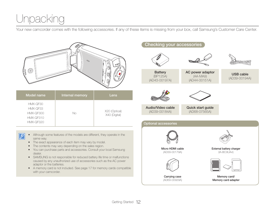 Unpacking, Checking your accessories | Samsung HMX-QF30BN-XAA User Manual | Page 16 / 133