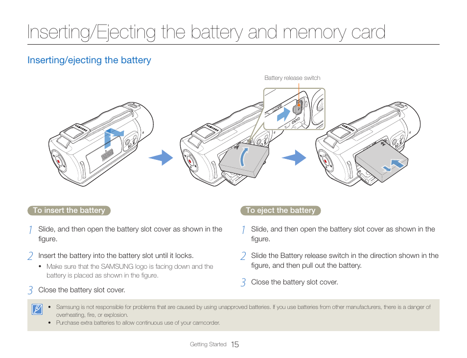 Inserting/ejecting the battery and memory card, Inserting/ejecting the battery | Samsung HMX-QF30BN-XAA User Manual | Page 19 / 133