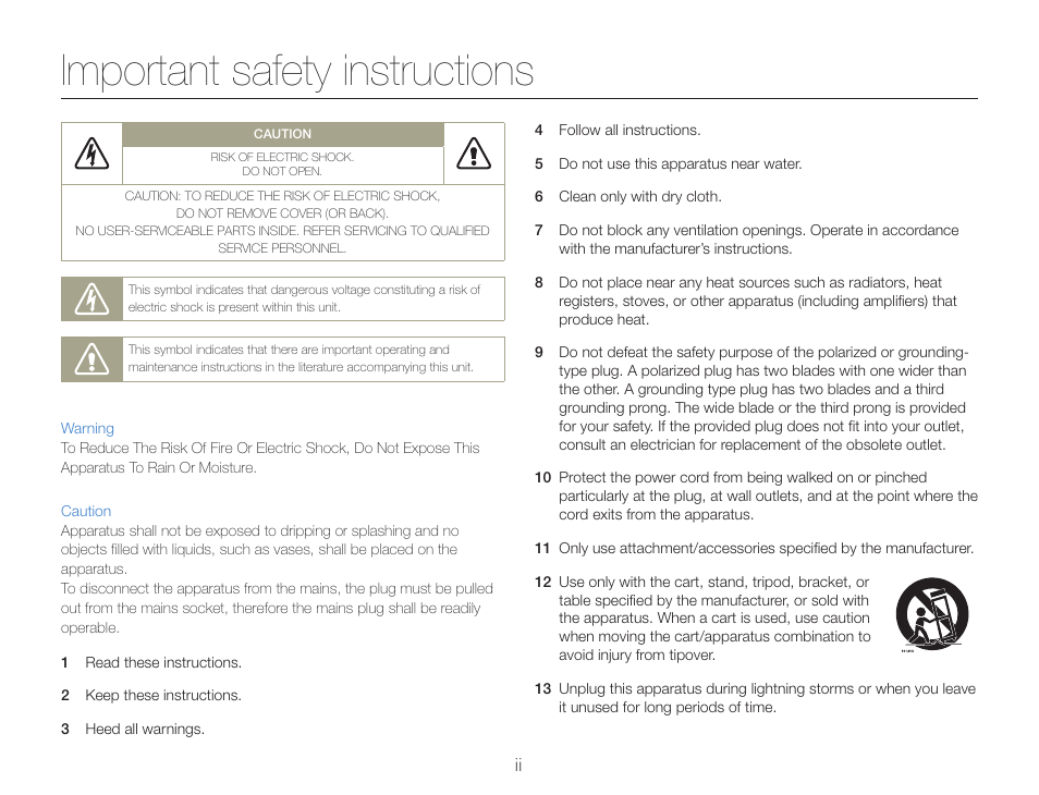 Important safety instructions | Samsung HMX-QF30BN-XAA User Manual | Page 2 / 133